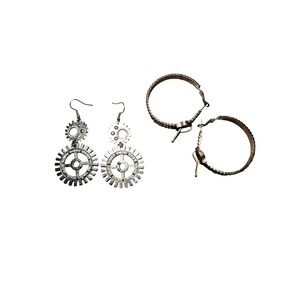 Silver Tone Zipper Gear Hoop Earrings Industrial Steampunk Dangle